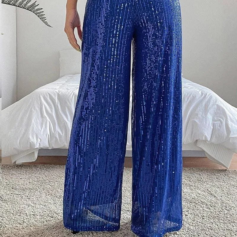 Ladies Solid Glitter Sequin Wide Leg Pants R9175