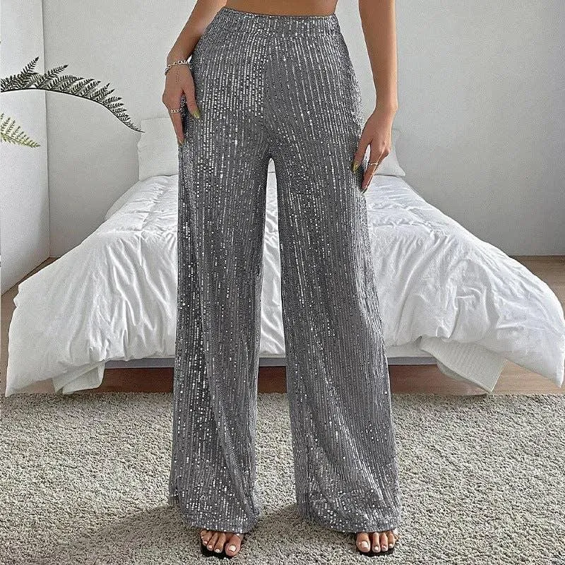 Ladies Solid Glitter Sequin Wide Leg Pants R9175
