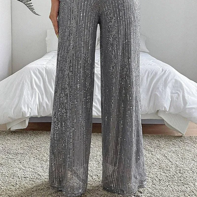 Ladies Solid Glitter Sequin Wide Leg Pants R9175