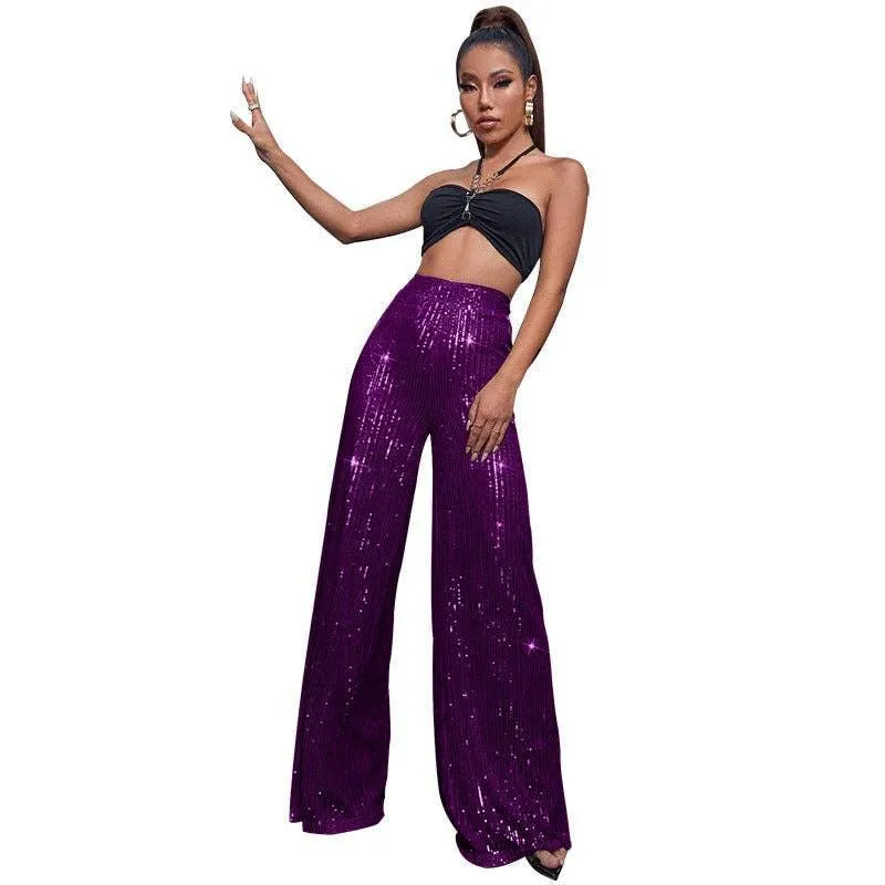 Ladies Solid Glitter Sequin Wide Leg Pants R9175