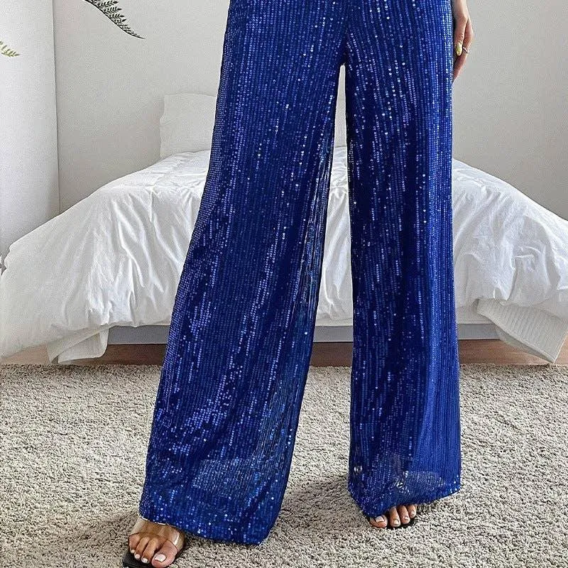 Ladies Solid Glitter Sequin Wide Leg Pants R9175