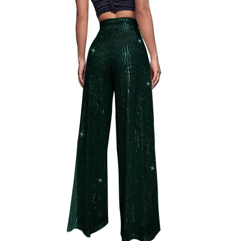 Ladies Solid Glitter Sequin Wide Leg Pants R9175