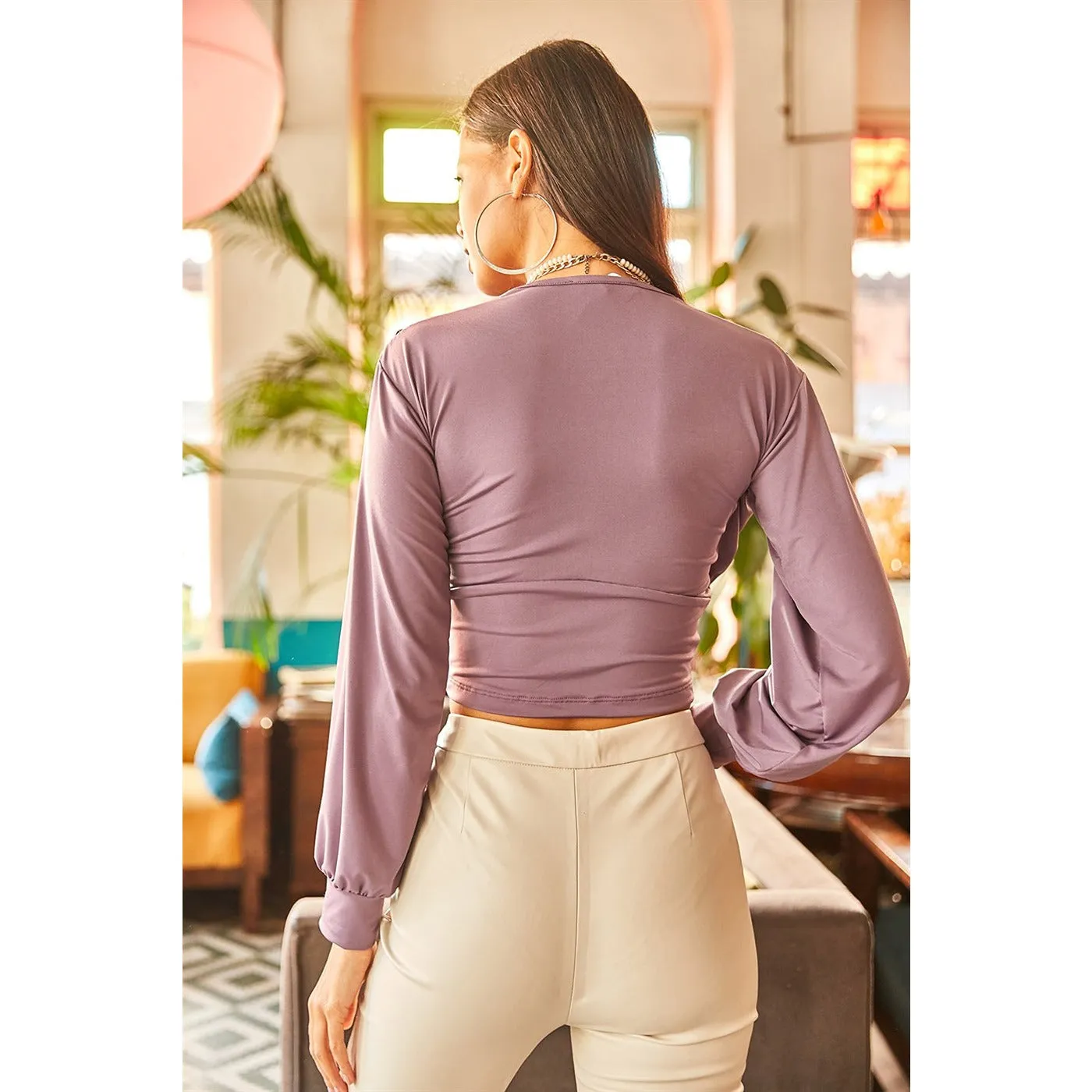 Lilac Deep Decollete Waist Tape Crop Top