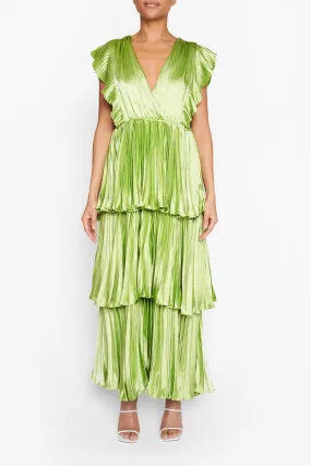 Lime Green Satin Pleated Tiered Midaxi Dress