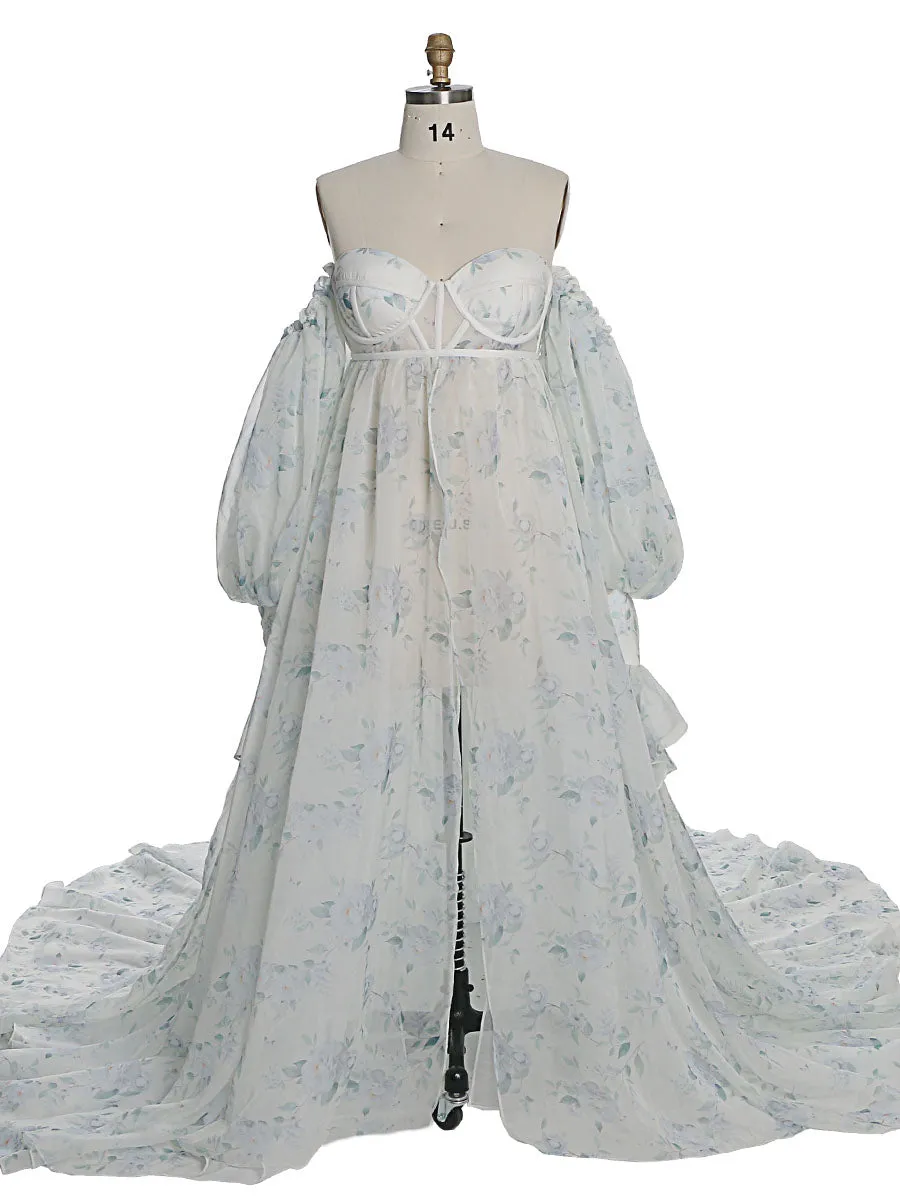 Maternity Dress Photo Shoot Print Floral Silk Soft Organza Off Shoulder Maxi Dress with Train YW230305