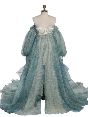 Maternity Dress Photo Shoot Print Floral Silk Soft Organza Off Shoulder Maxi Dress with Train YW230305