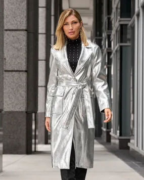 Metallic Faux Leather Blazer Style Trench Coat Silver