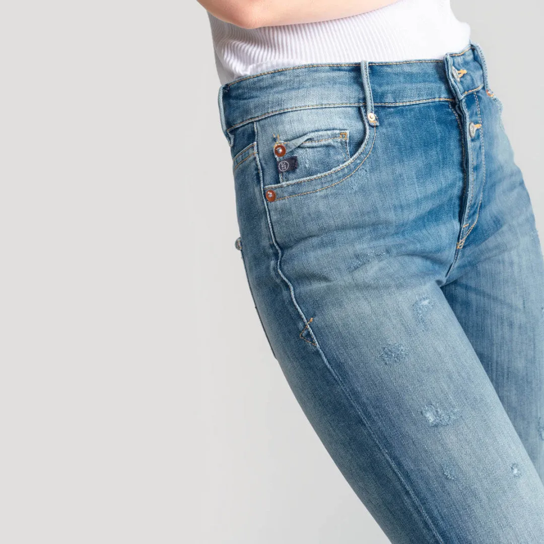 Mom Basic High Waist Jeans - Destroyed Blue