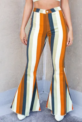 Multicolor Striped Print High Waist Flare Denim Pants