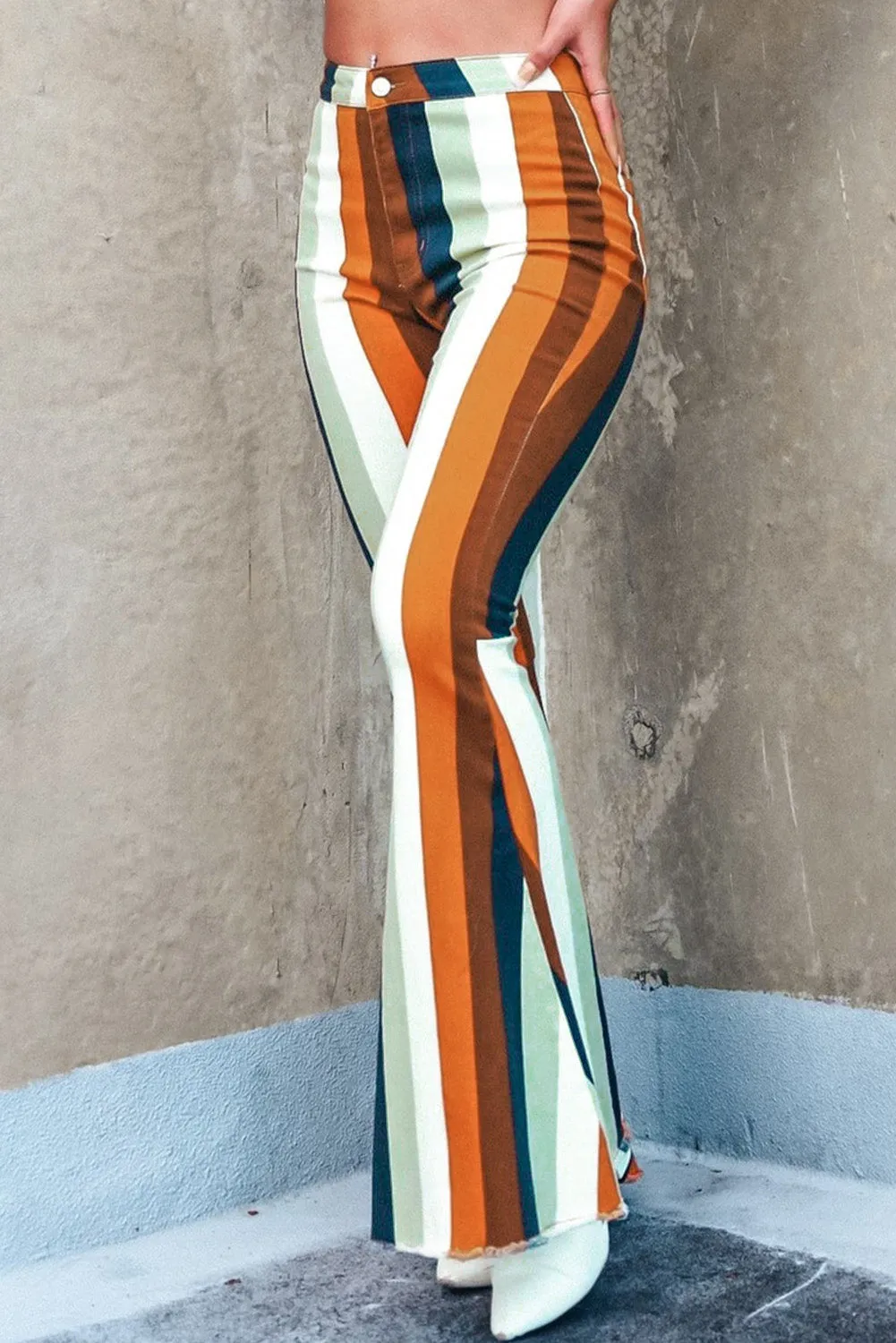 Multicolor Striped Print High Waist Flare Denim Pants