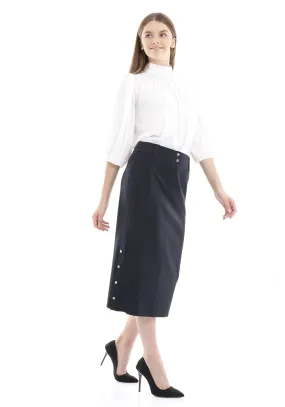 Navy Midi Skirt Decorative Metal Snaps Side Vented