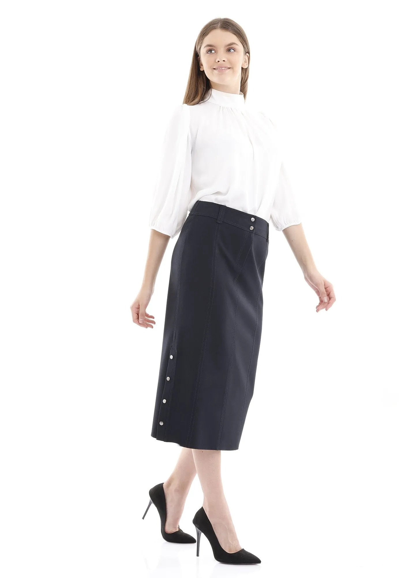 Navy Midi Skirt Decorative Metal Snaps Side Vented