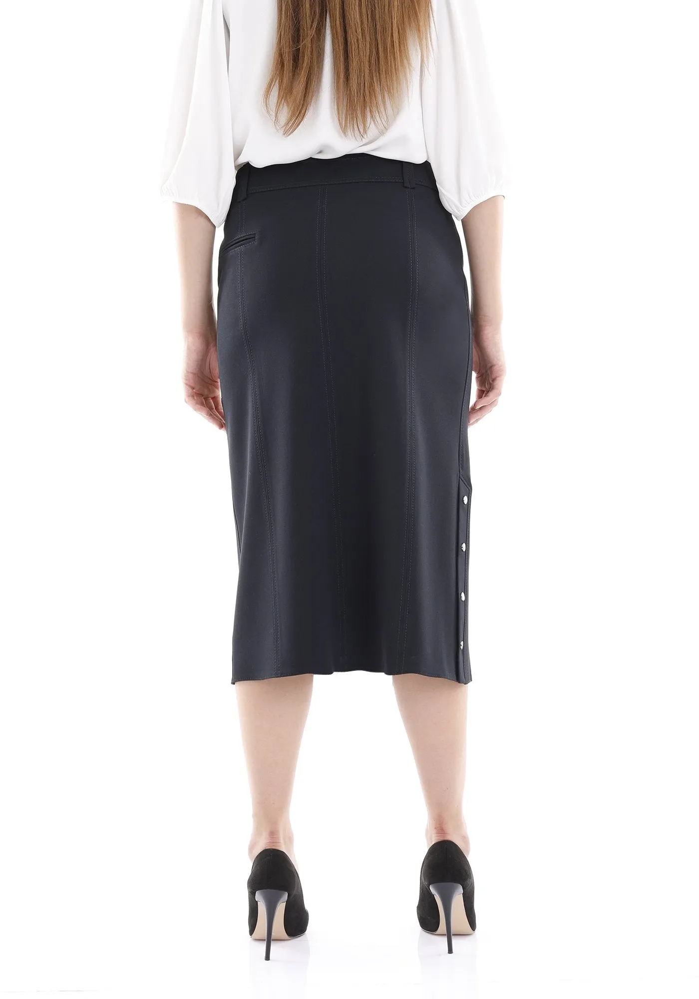 Navy Midi Skirt Decorative Metal Snaps Side Vented