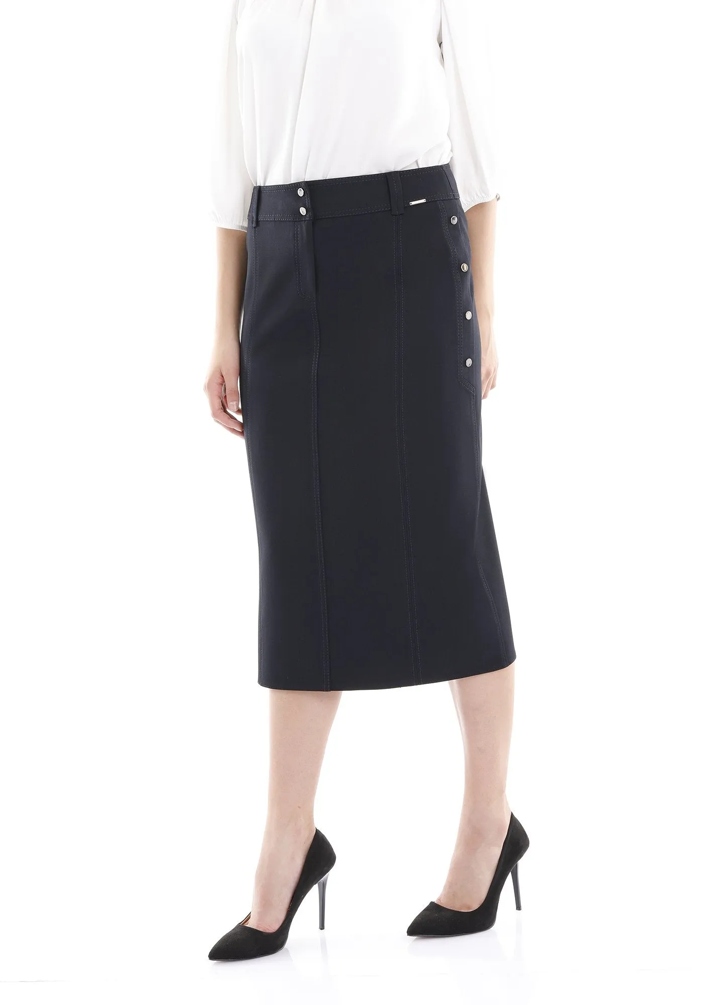Navy Midi Skirt Decorative Metal Snaps Side Vented