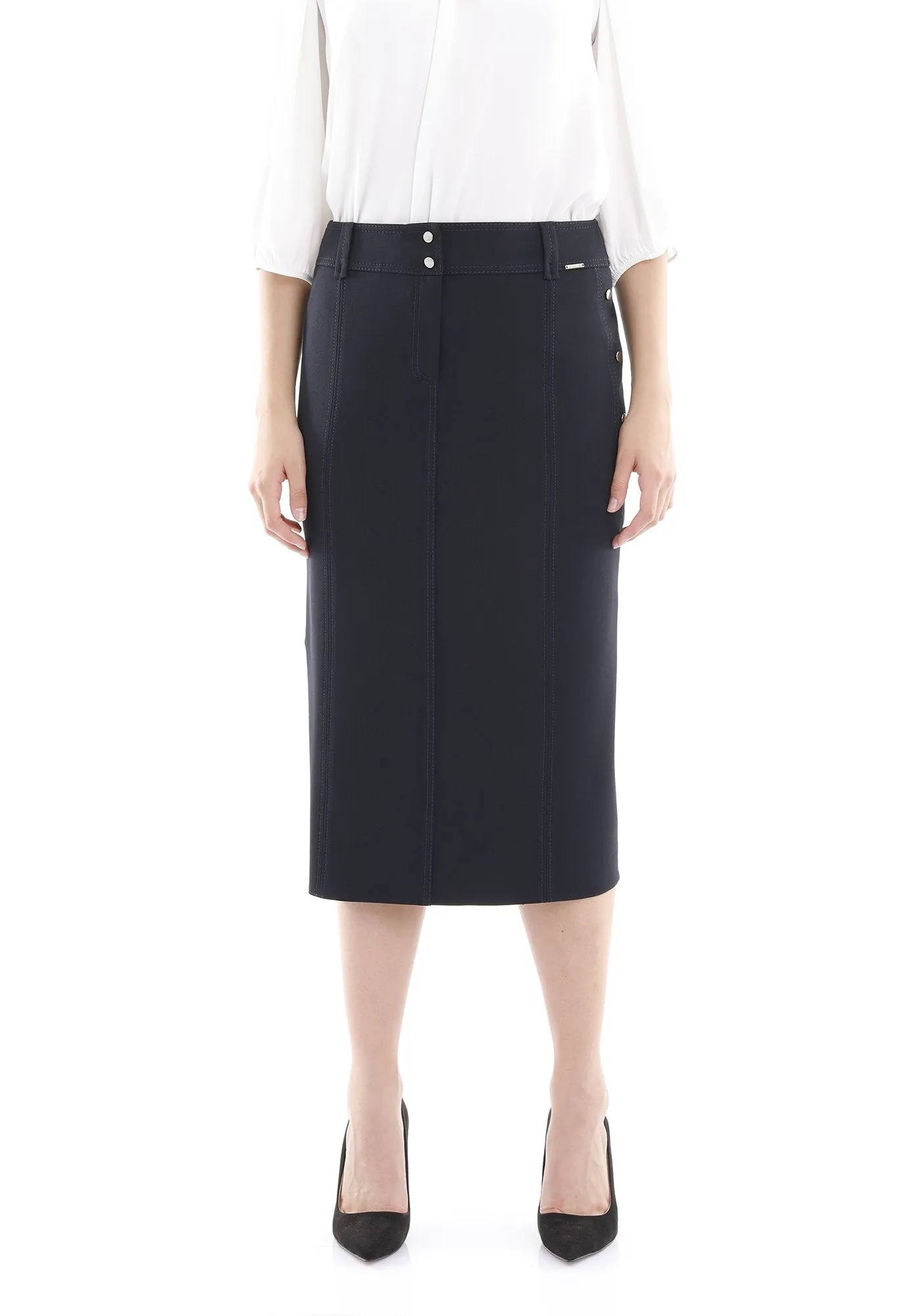 Navy Midi Skirt Decorative Metal Snaps Side Vented