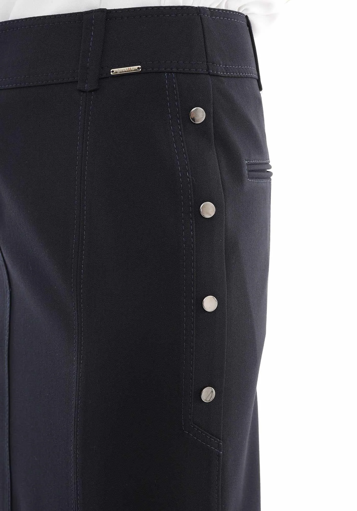 Navy Midi Skirt Decorative Metal Snaps Side Vented