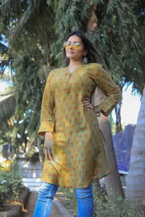 Olive green muslin Floral print Tunic cum Short Kurta
