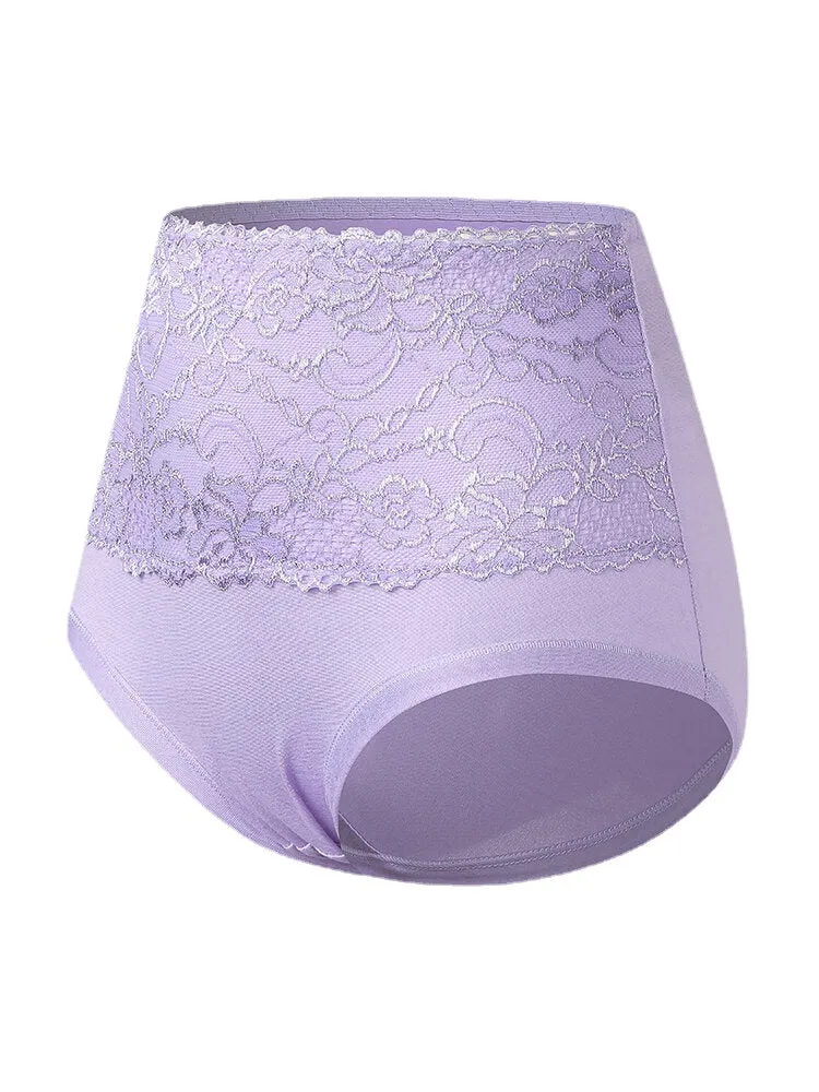 Plus Size Women Floral Lace Solid Color Cozy High Waist Panties