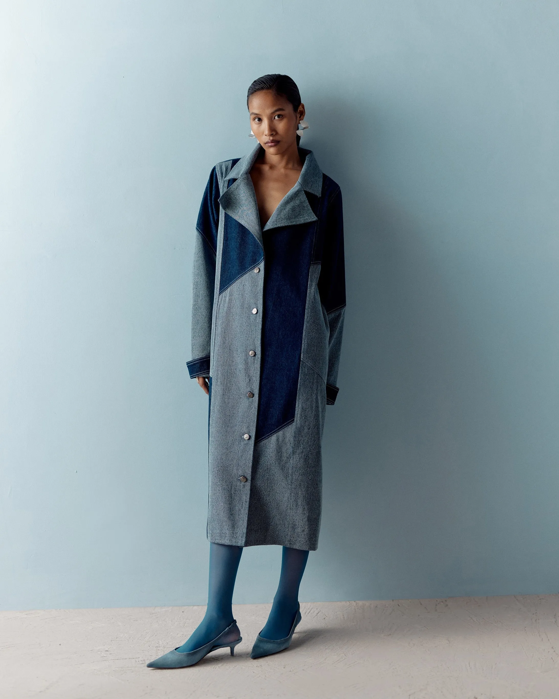 POOJA HEGDE IN OUR DENIM COLOR BLOCK TRENCH