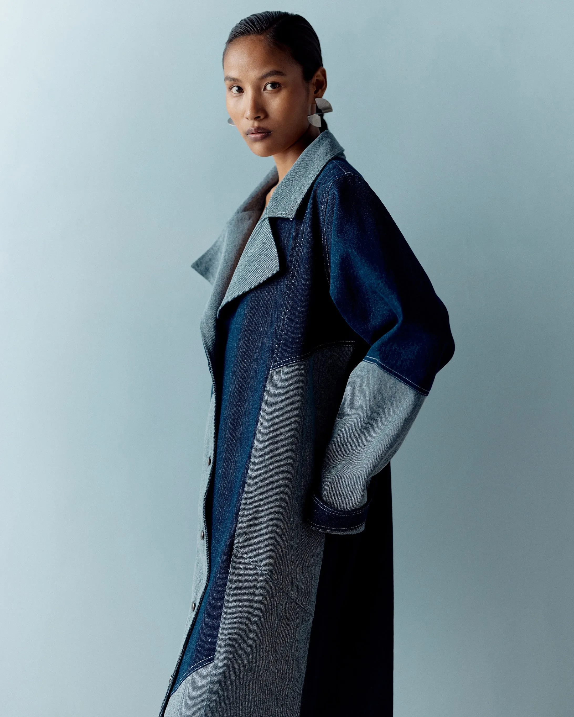 POOJA HEGDE IN OUR DENIM COLOR BLOCK TRENCH