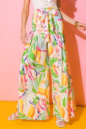 Print high waist wide leg sash belt pants