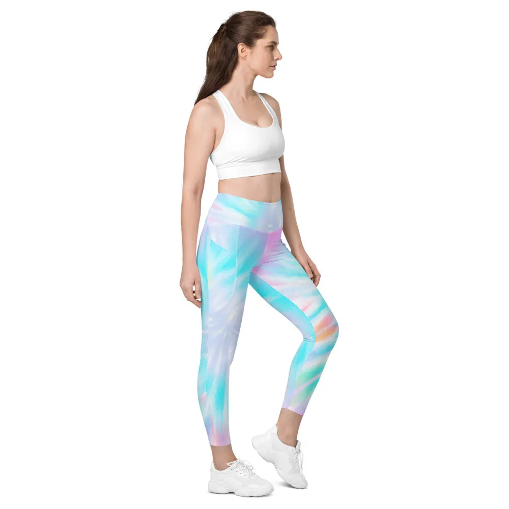 Rainbow Tie Dye Blue Women Leggings Side Pockets, Pastel Printed Yoga Pants Graphic Workout Running Gym Designer Plus Size Tights