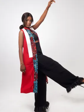 Red tunic with black leather and print panel