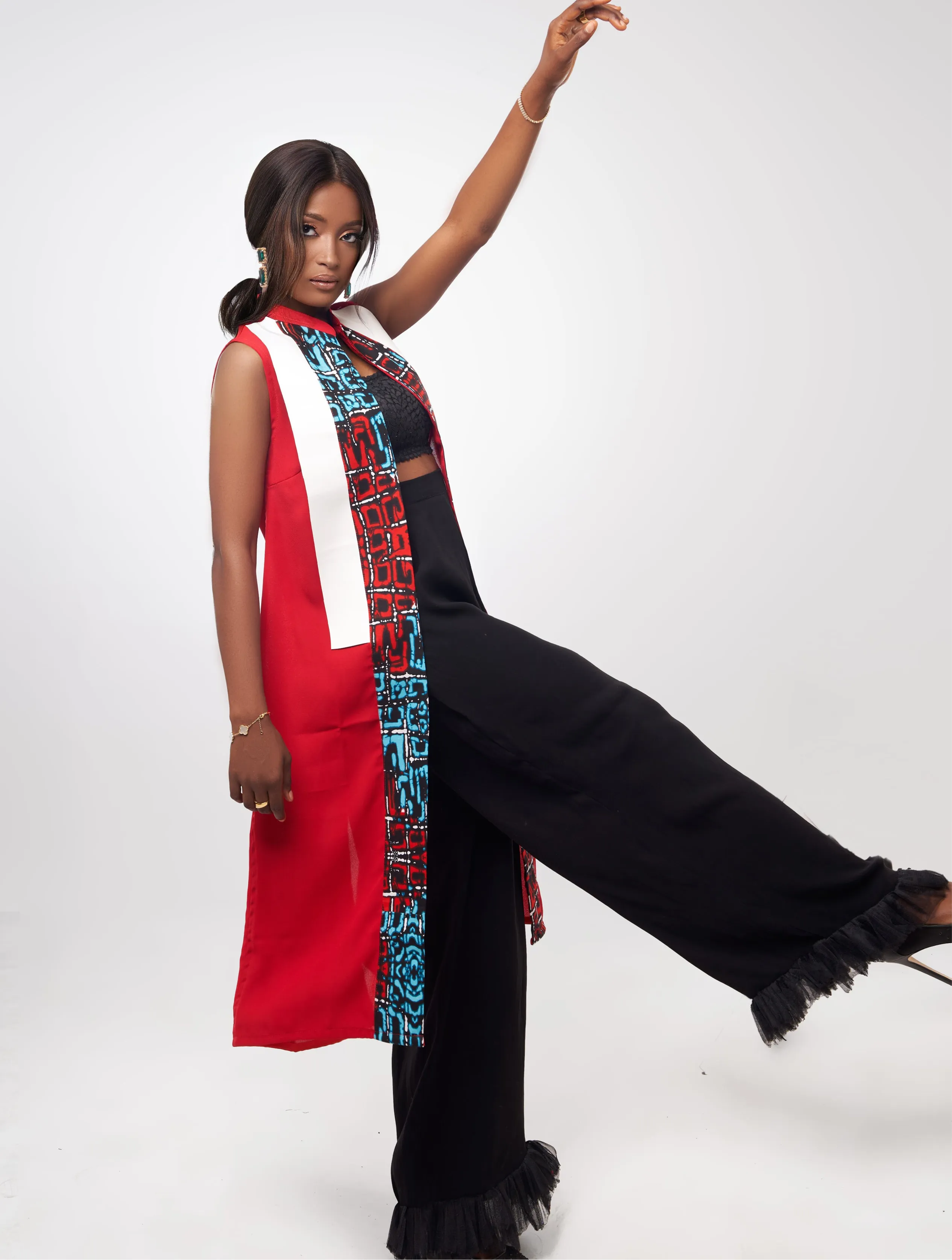 Red tunic with black leather and print panel