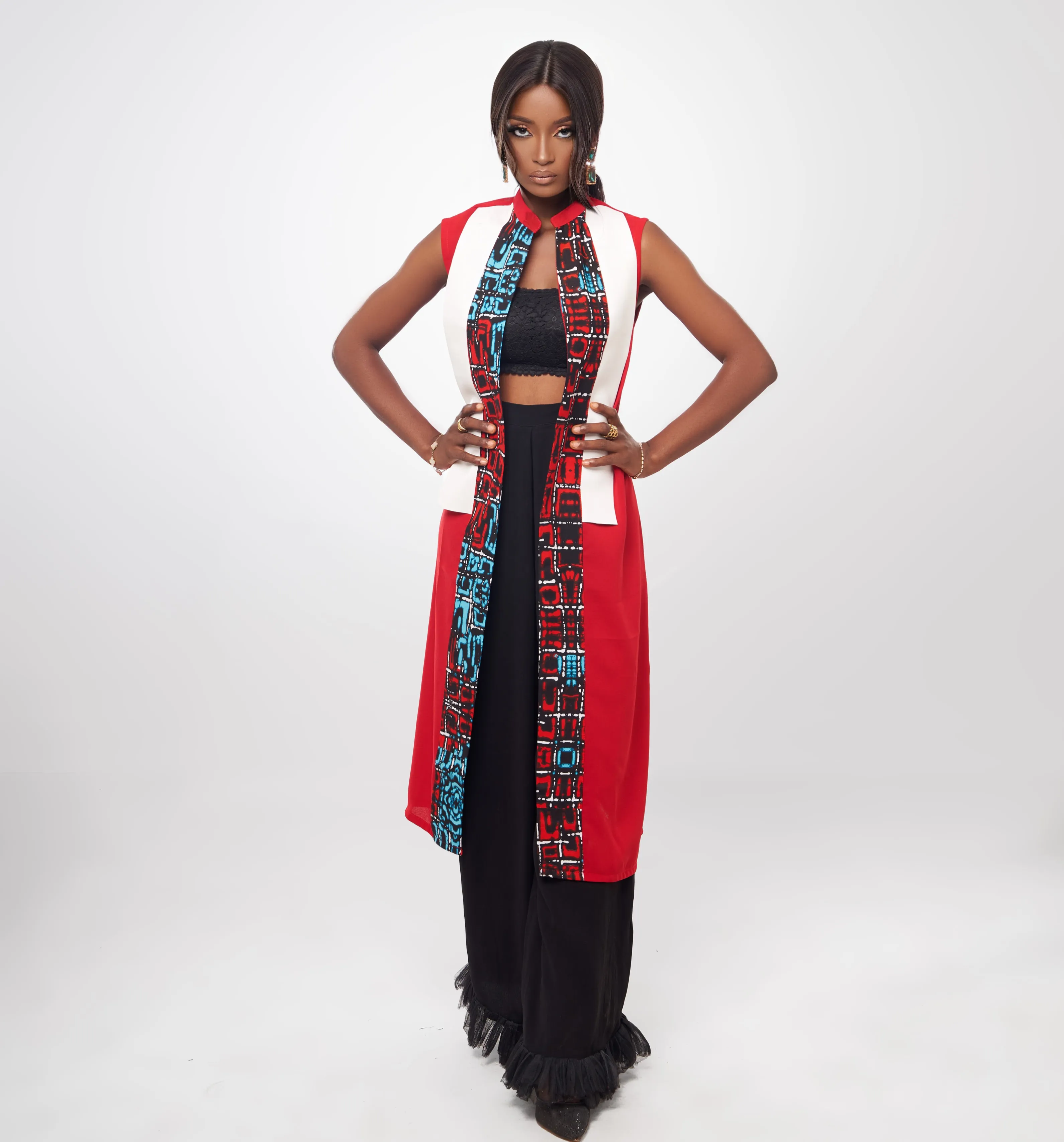 Red tunic with black leather and print panel