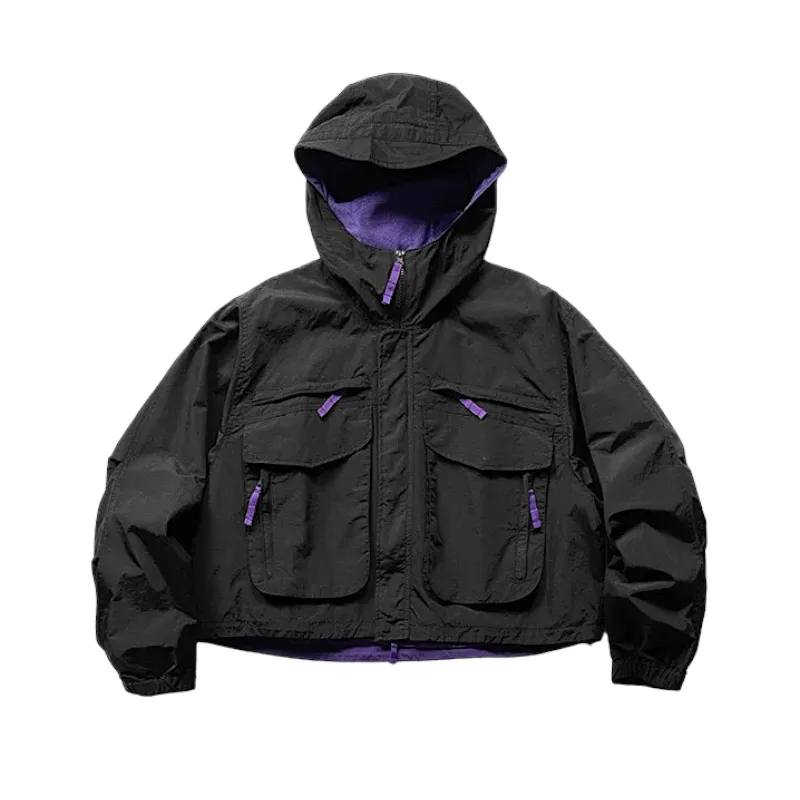 Reversible cropped windbreaker with oversized pockets