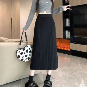 Ribbed Mid-Calf Skirt With High Waist