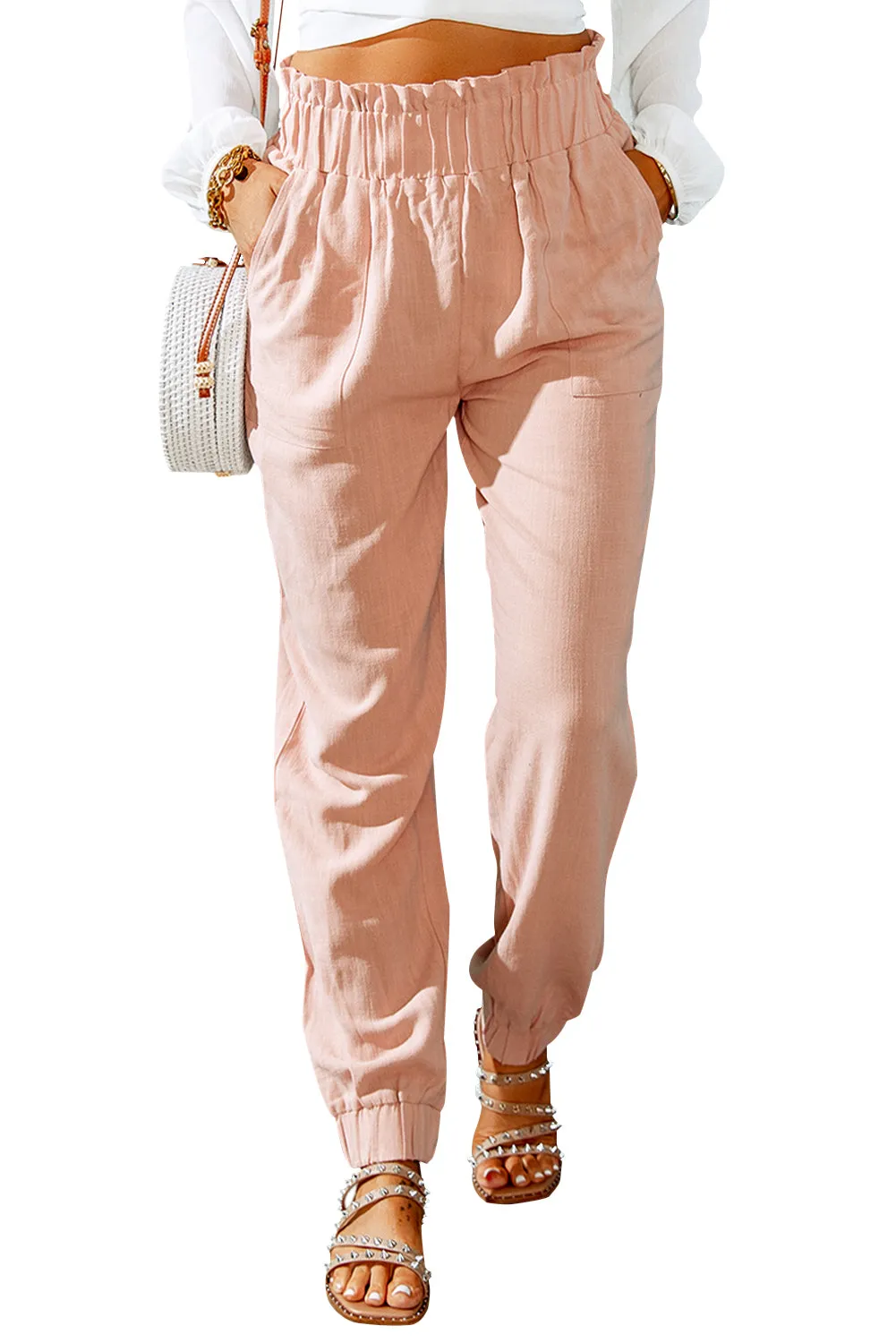 Ruffled High Waist Pants with Elastic Waistband