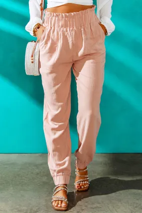 Ruffled High Waist Pants with Elastic Waistband