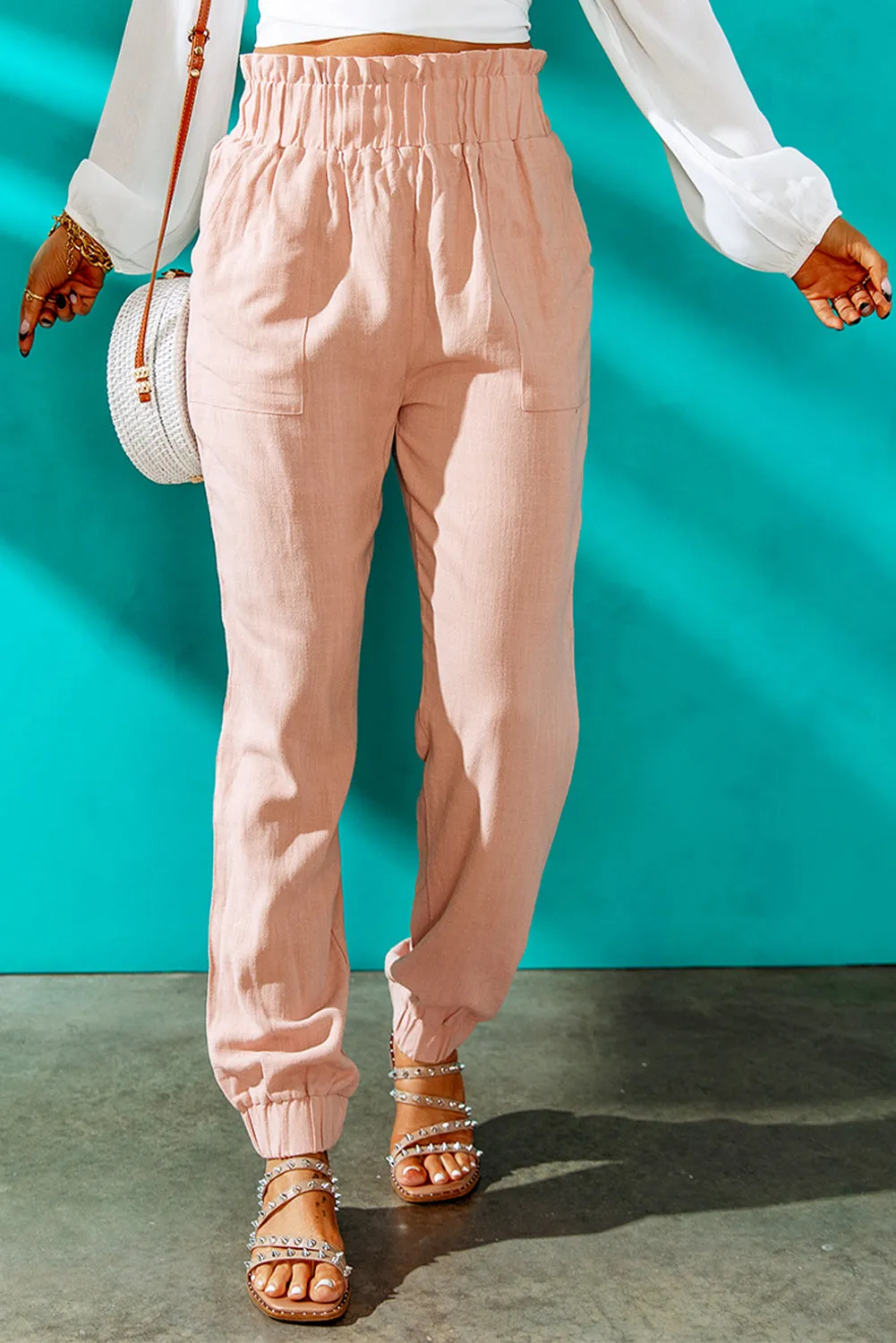 Ruffled High Waist Pants with Elastic Waistband