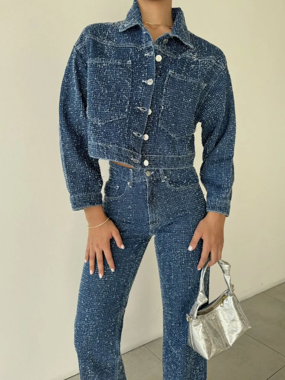 Savannah Textured Cropped Denim Jacket