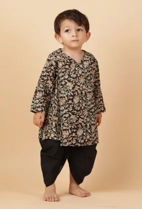 Set Of 2: Ivaan Black Kalamkari Printed Angrakha Cotton Kurta & Dhoti