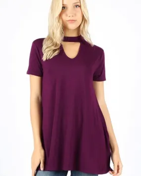 Short sleeve choker shirt top tunic with side pockets Dark Plum