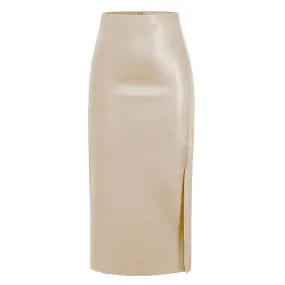 Side Slit High Waist PU Midi Skirt