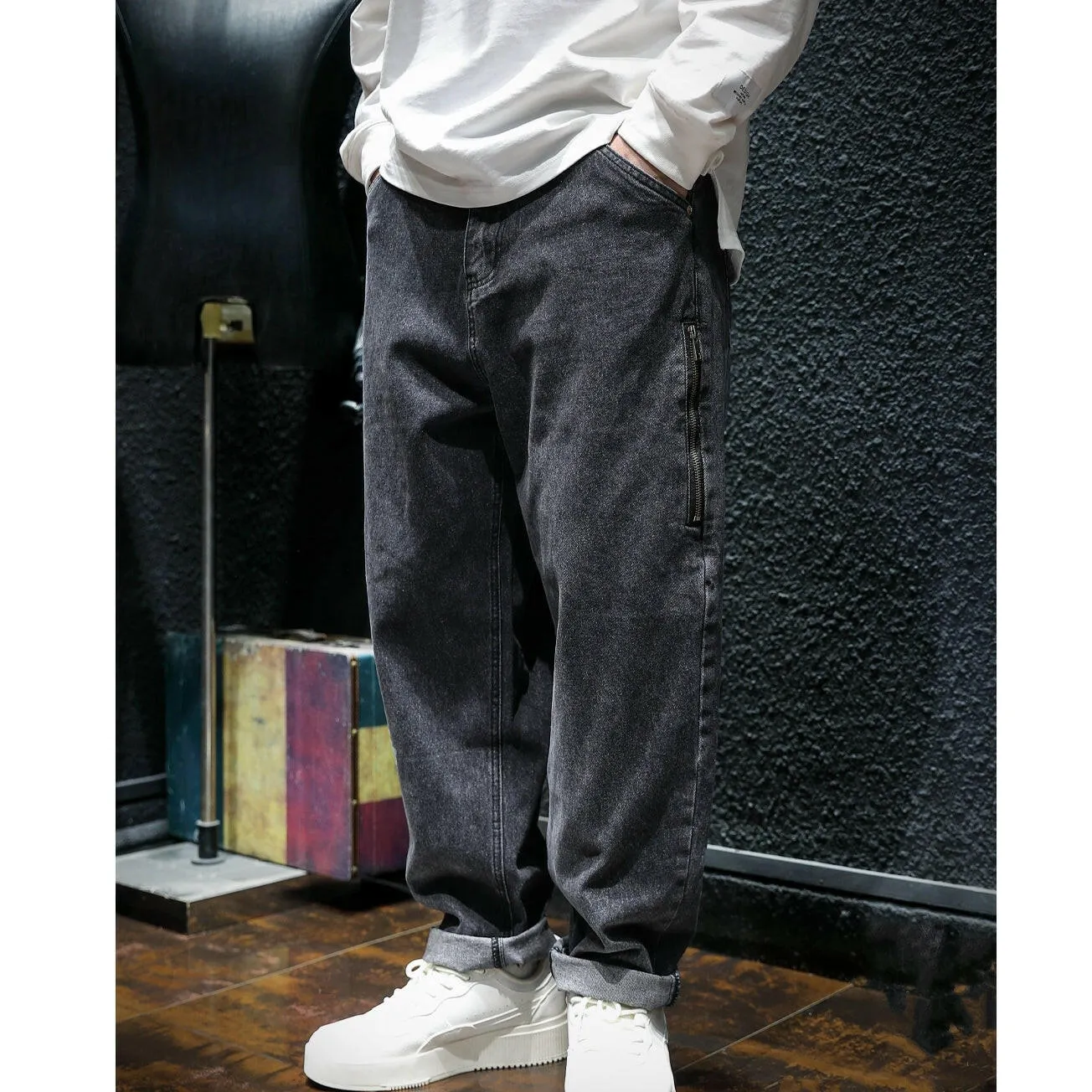 Side Zipper All-match Black Jeans P0050