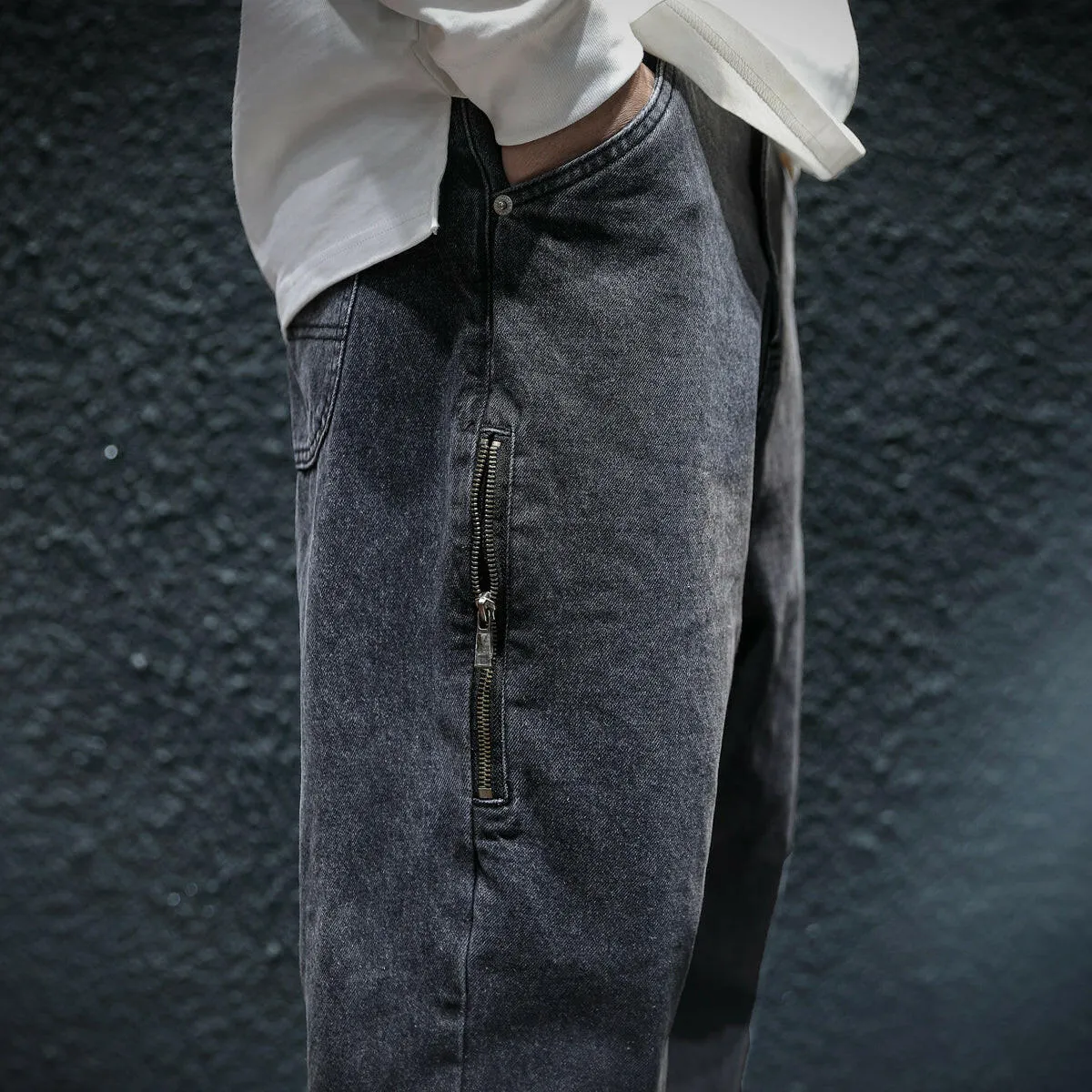 Side Zipper All-match Black Jeans P0050