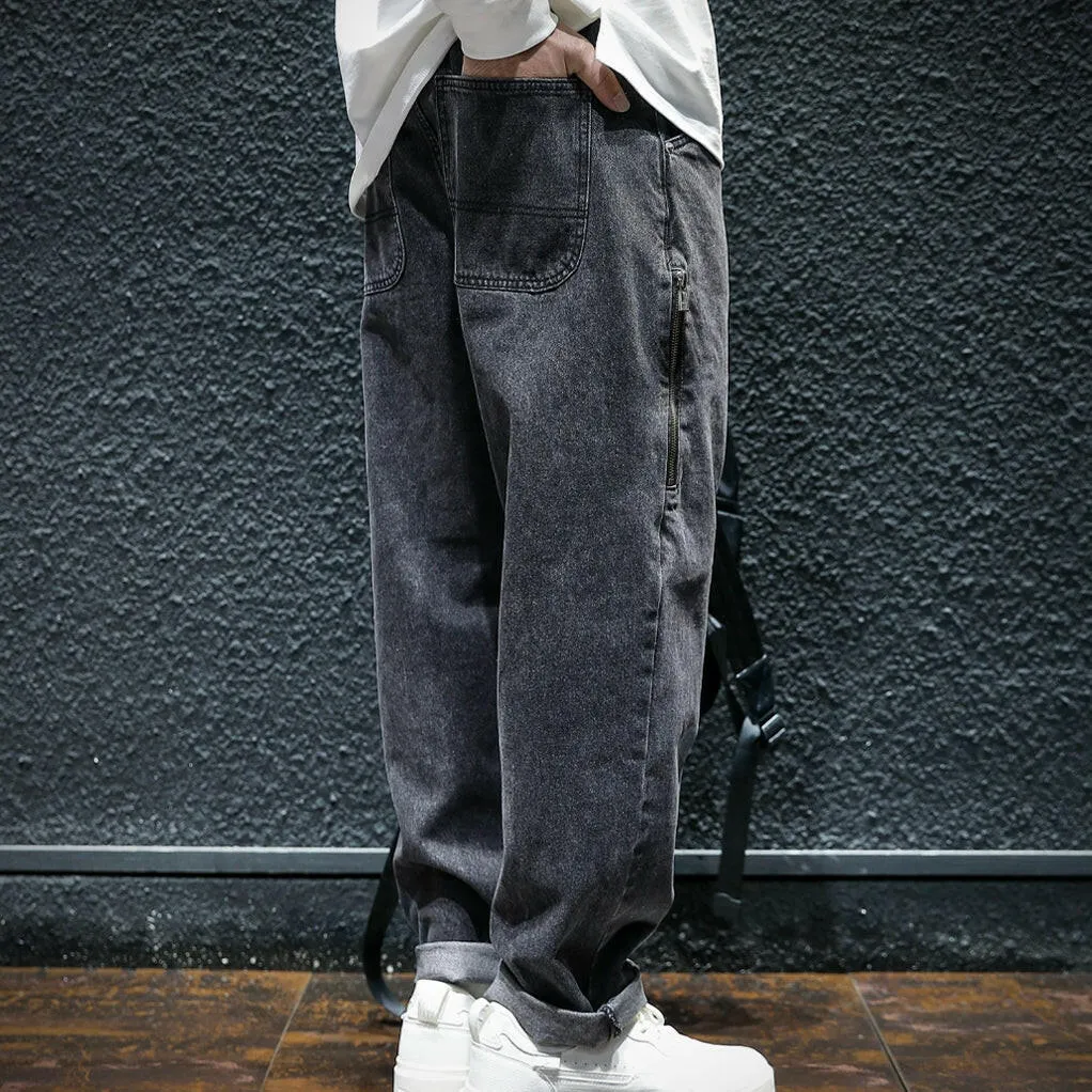 Side Zipper All-match Black Jeans P0050
