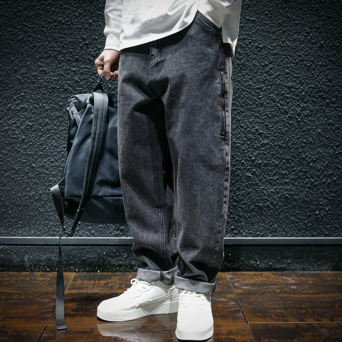 Side Zipper All-match Black Jeans P0050