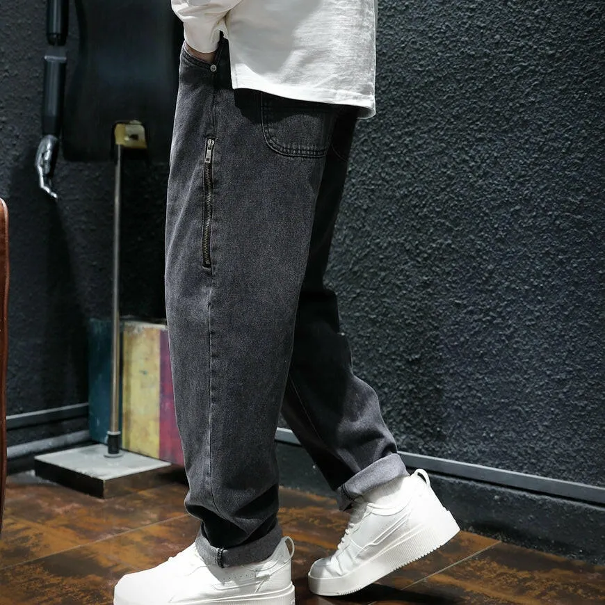 Side Zipper All-match Black Jeans P0050