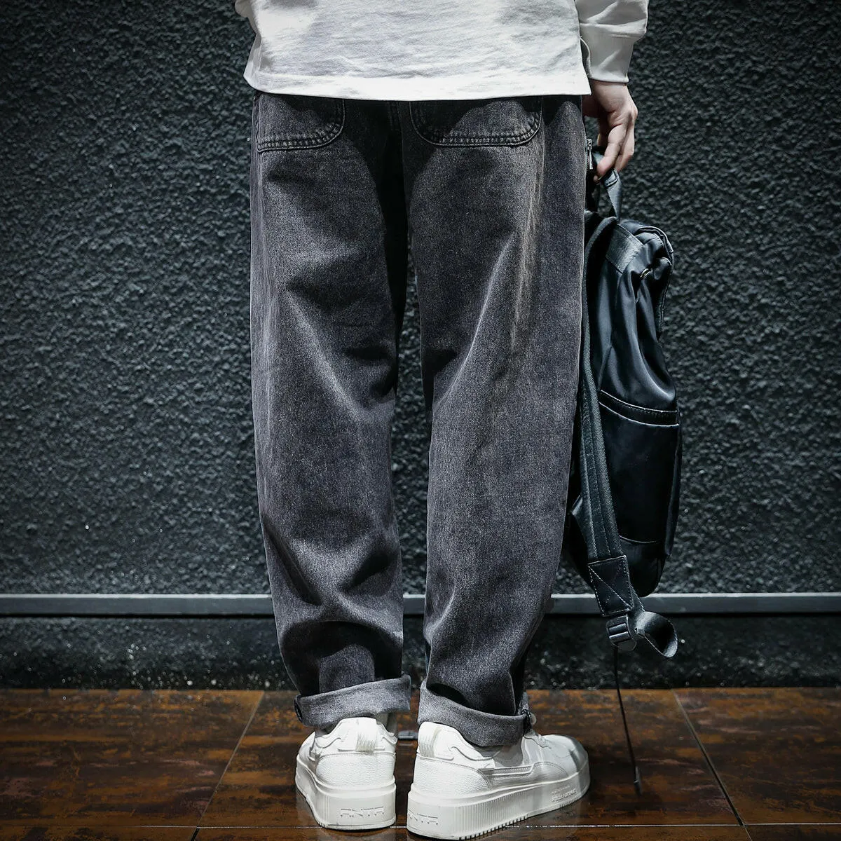 Side Zipper All-match Black Jeans P0050