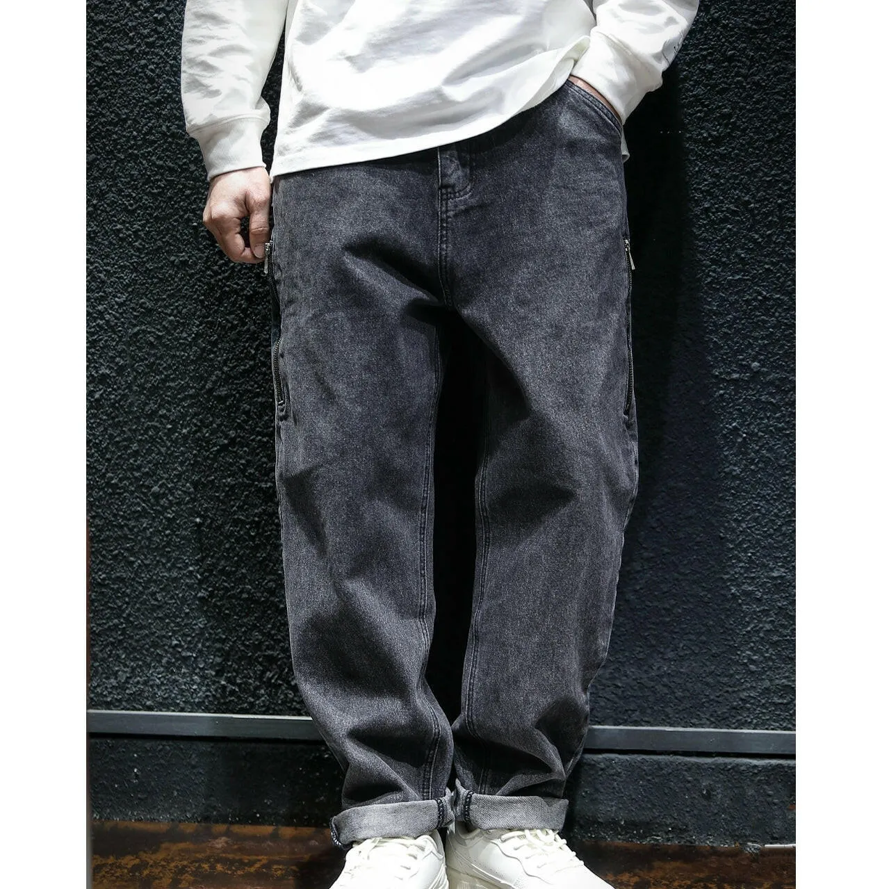 Side Zipper All-match Black Jeans P0050