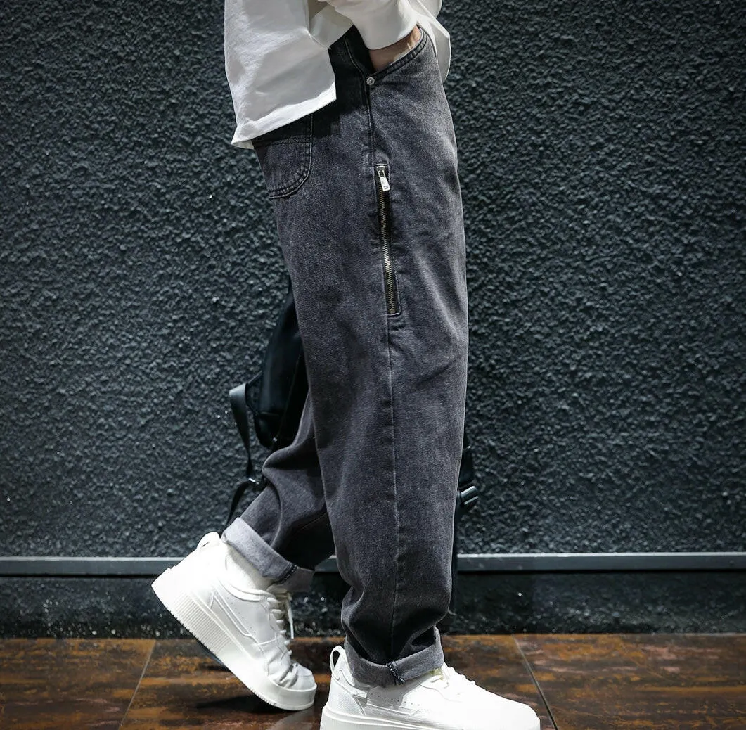 Side Zipper All-match Black Jeans P0050