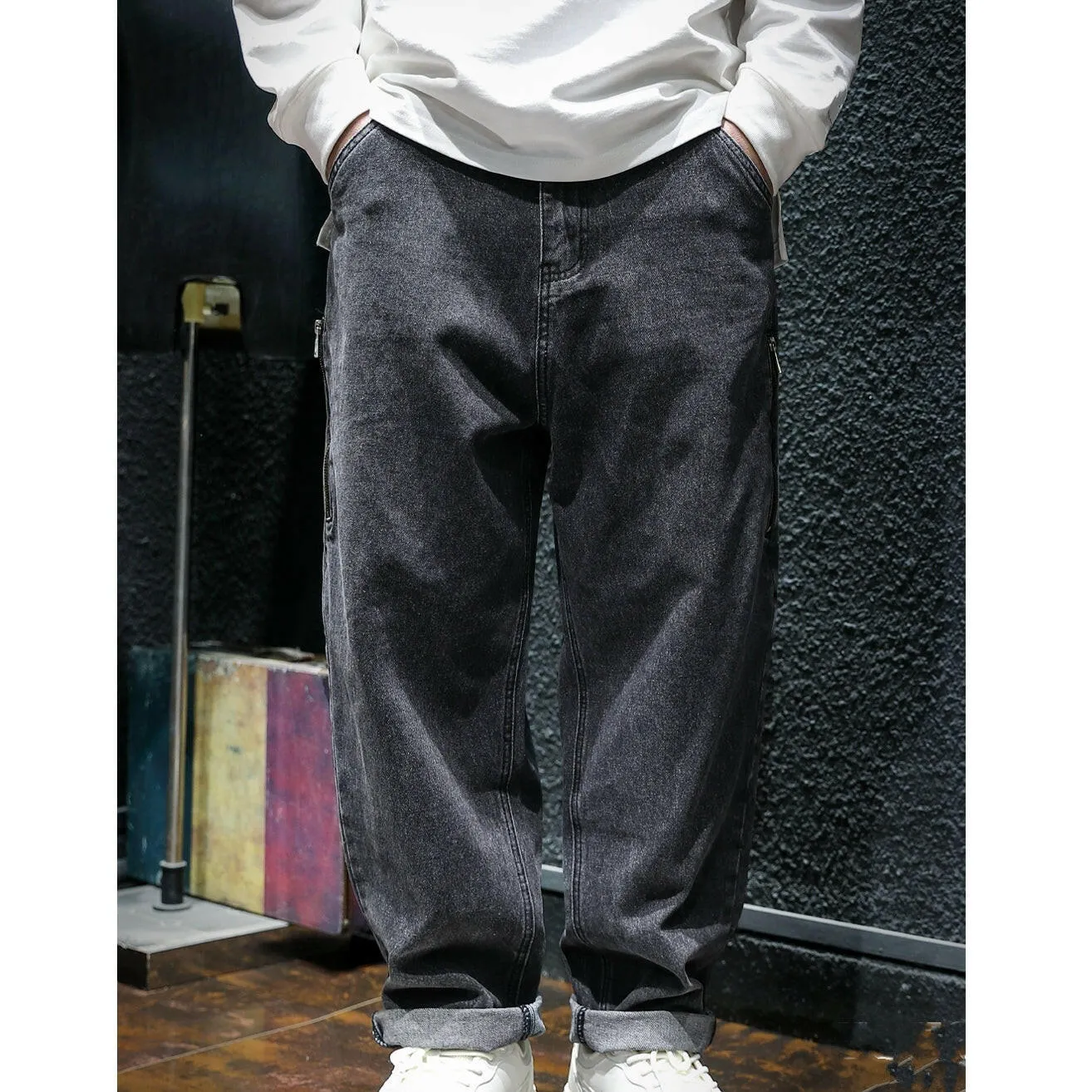Side Zipper All-match Black Jeans P0050