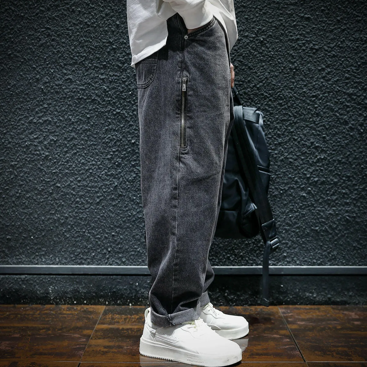 Side Zipper All-match Black Jeans P0050