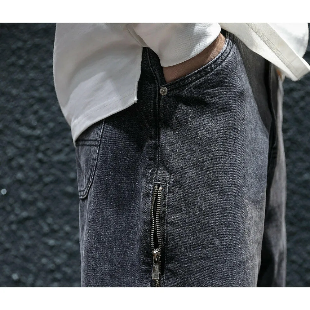 Side Zipper All-match Black Jeans P0050