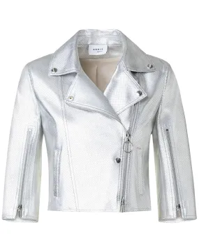 Silver Leather Perforated Pin Dot Biker Jacket